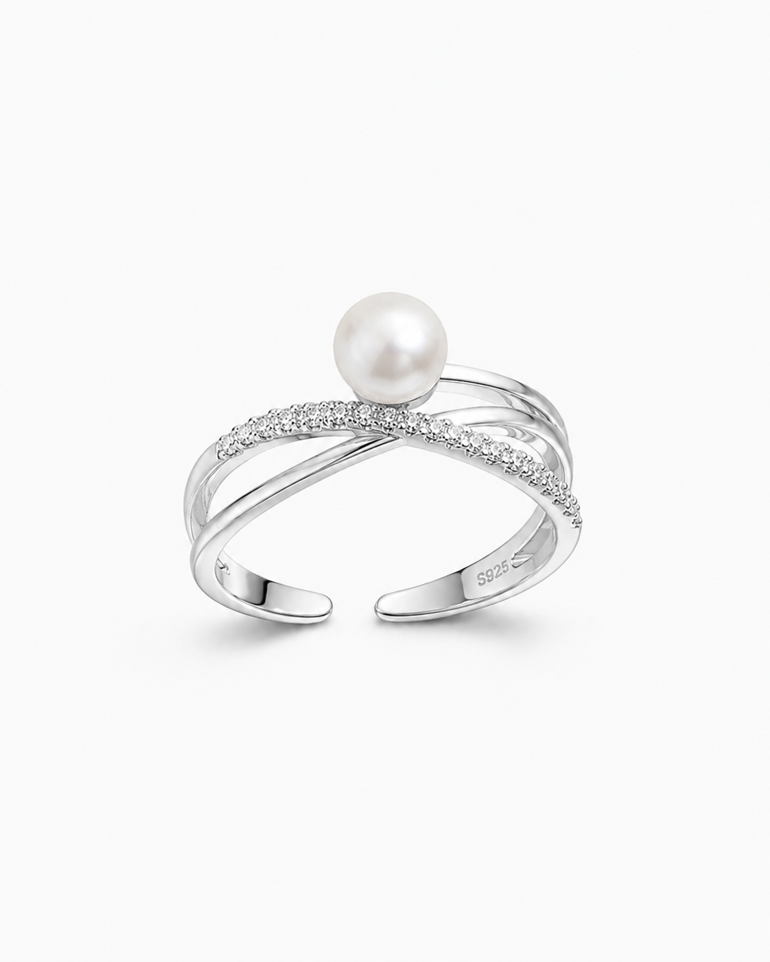 Zilveren ring Evia met een parel en zirkonia's – productfoto