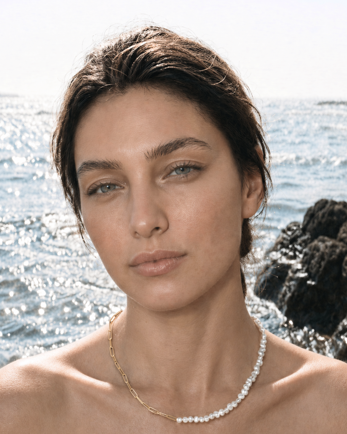 Gouden ketting Aurelia met parels – close-up door een model gedragen