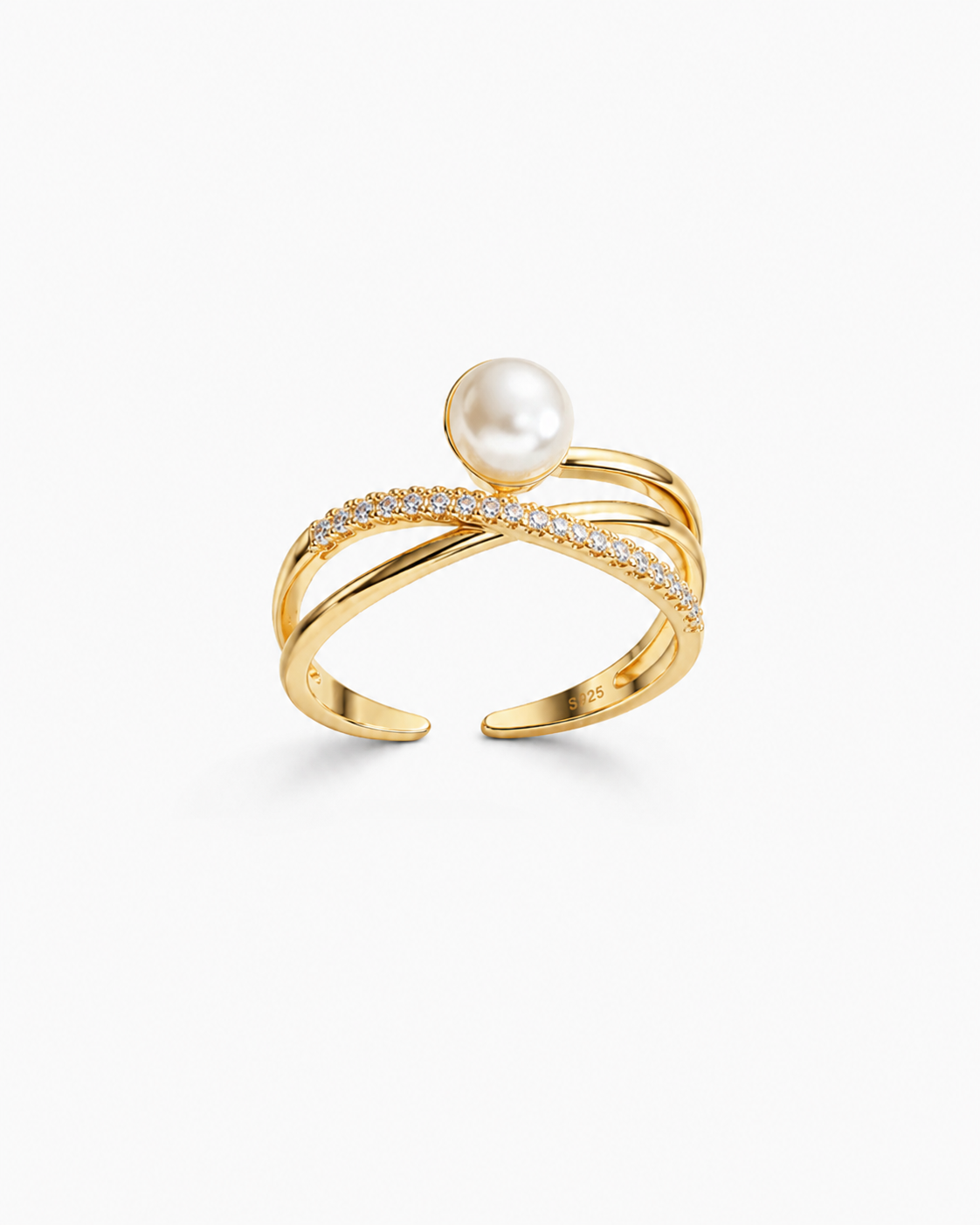 Gouden ring Evia met een parel en zirkonia's – productfoto